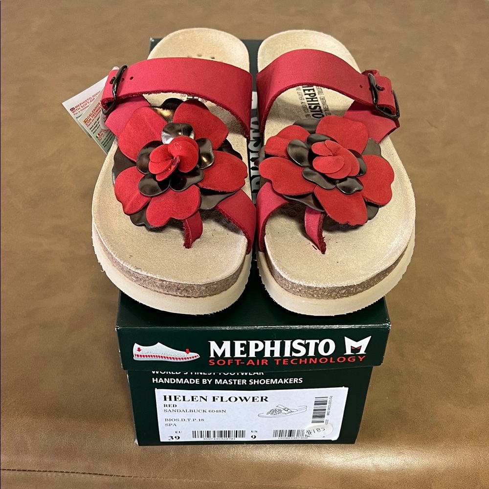 Mephisto Red Sandals with Bold Floral Accent